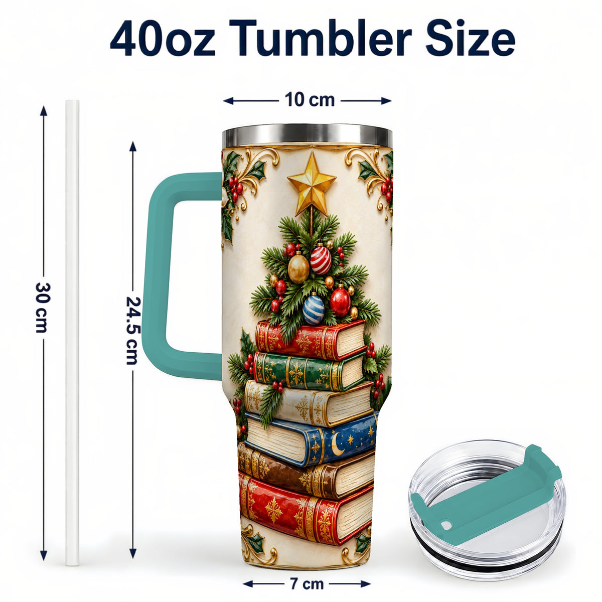 #pl[40oz|Green] Christmas Book Tree 40oz Tumbler with Handle, Book Stainless Steel Tumbler