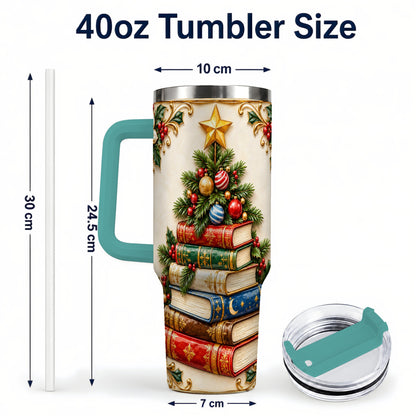 #pl[40oz|Green] Christmas Book Tree 40oz Tumbler with Handle, Book Stainless Steel Tumbler