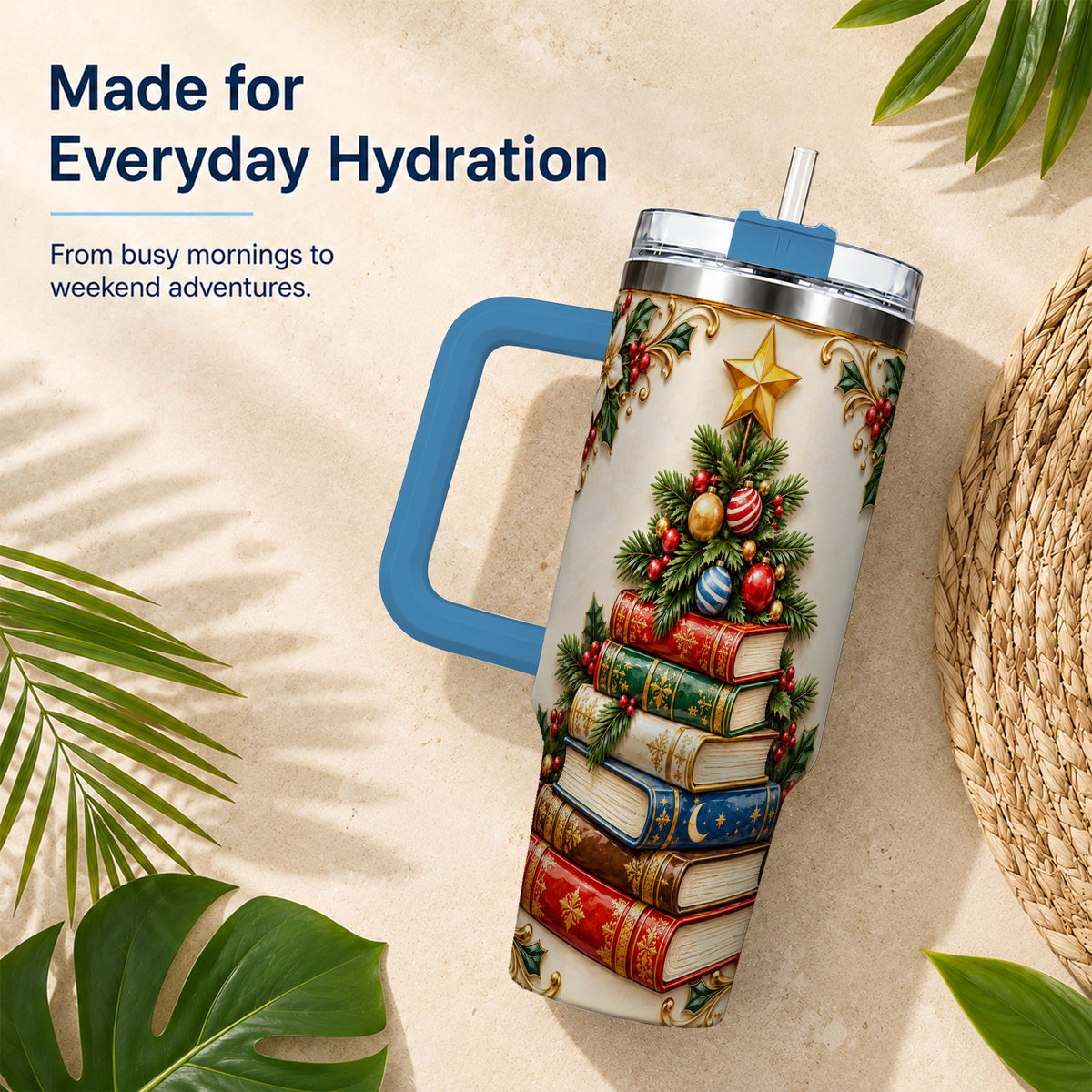 #pl[40oz|Blue] Christmas Book Tree 40oz Tumbler with Handle, Book Stainless Steel Tumbler