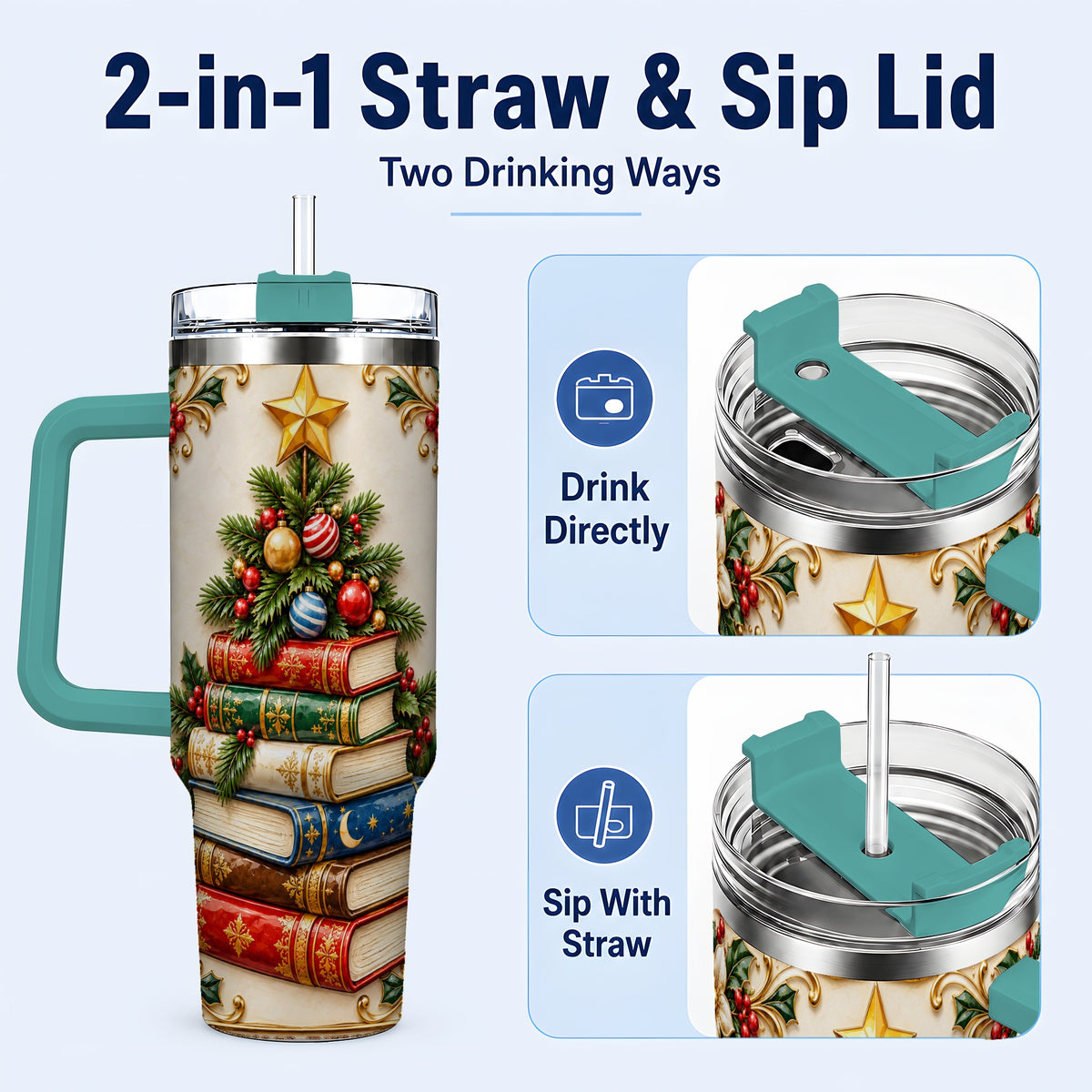 #pl[40oz|Green] Christmas Book Tree 40oz Tumbler with Handle, Book Stainless Steel Tumbler