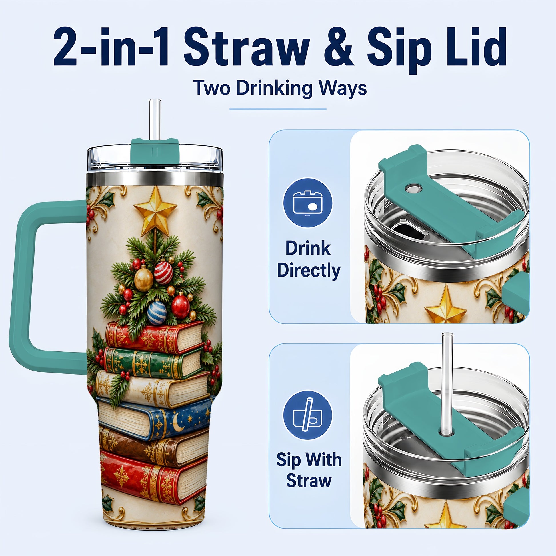 #pl[40oz|Green] Christmas Book Tree 40oz Tumbler with Handle, Book Stainless Steel Tumbler