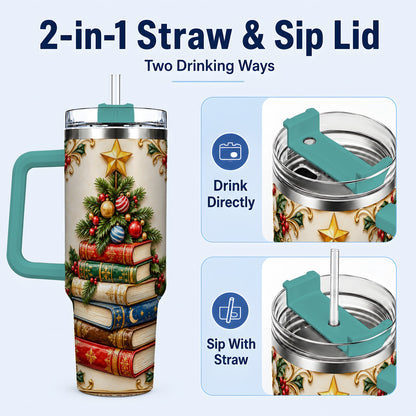 #pl[40oz|Green] Christmas Book Tree 40oz Tumbler with Handle, Book Stainless Steel Tumbler