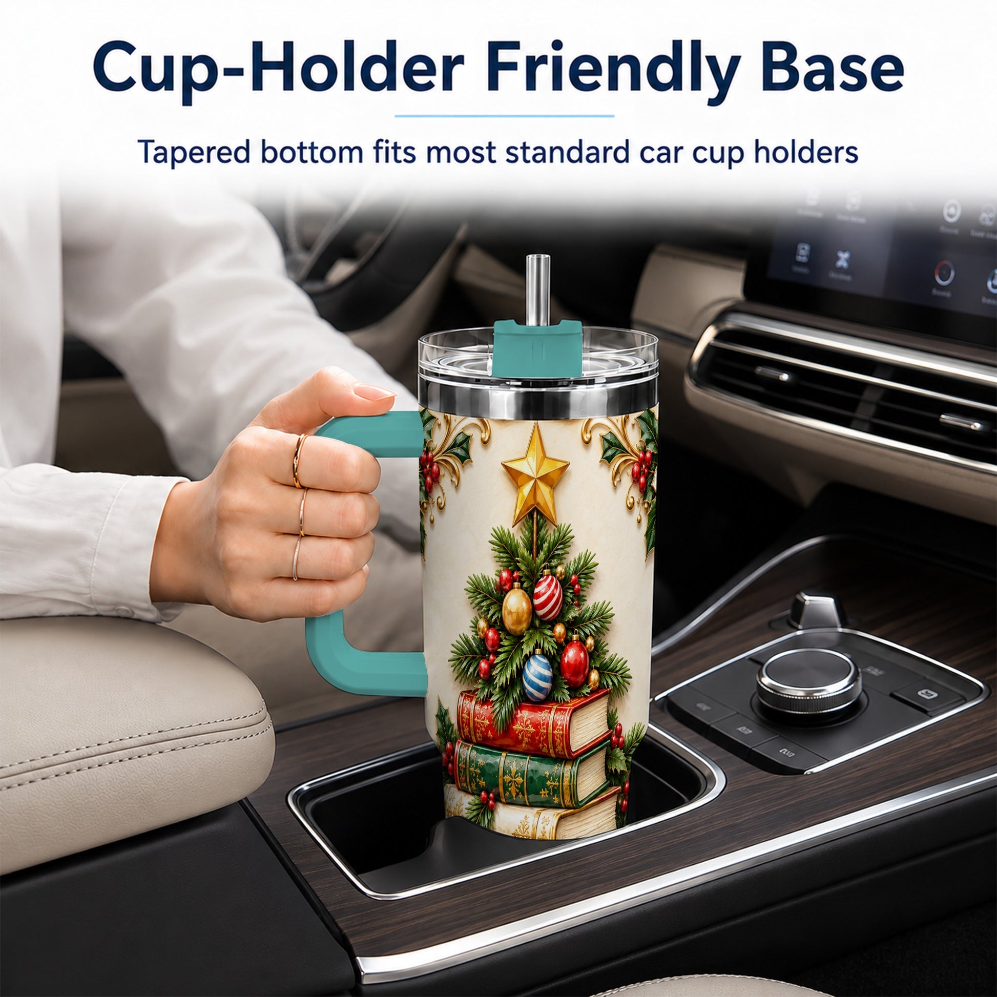 #pl[40oz|Green] Christmas Book Tree 40oz Tumbler with Handle, Book Stainless Steel Tumbler