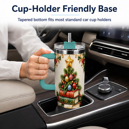 #pl[40oz|Green] Christmas Book Tree 40oz Tumbler with Handle, Book Stainless Steel Tumbler
