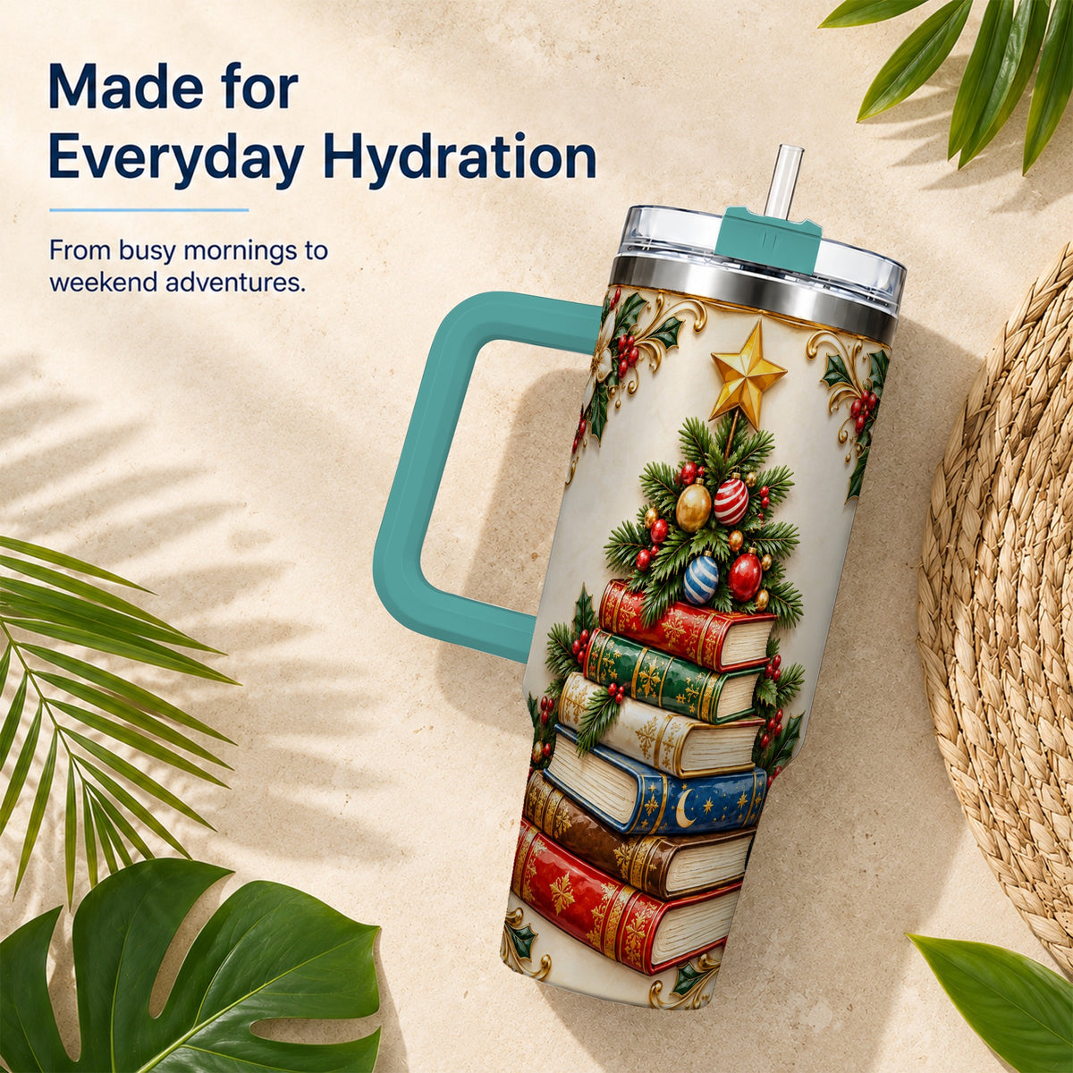#pl[40oz|Green] Christmas Book Tree 40oz Tumbler with Handle, Book Stainless Steel Tumbler