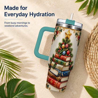 #pl[40oz|Green] Christmas Book Tree 40oz Tumbler with Handle, Book Stainless Steel Tumbler