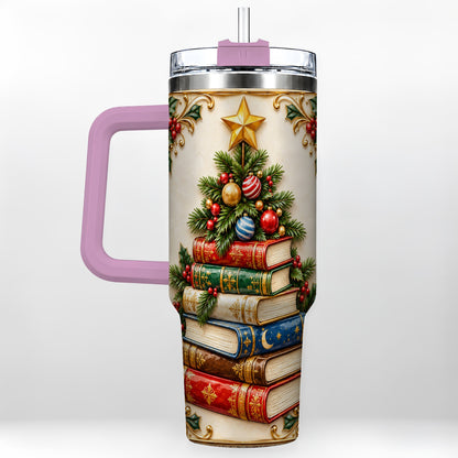 #pl[40oz|Pink] Christmas Book Tree 40oz Tumbler with Handle, Book Stainless Steel Tumbler