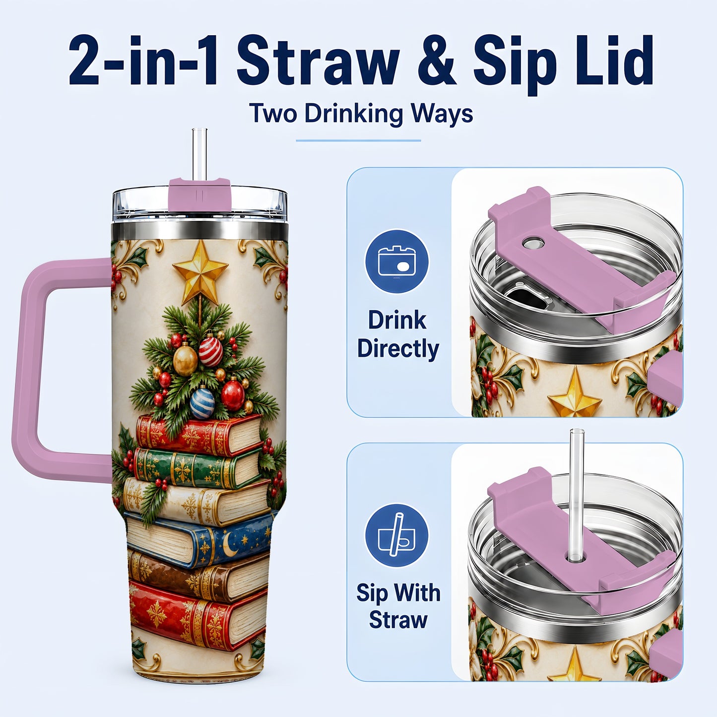 #pl[40oz|Pink] Christmas Book Tree 40oz Tumbler with Handle, Book Stainless Steel Tumbler