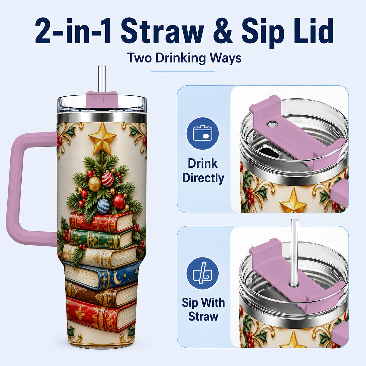 #pl[40oz|Pink] Christmas Book Tree 40oz Tumbler with Handle, Book Stainless Steel Tumbler