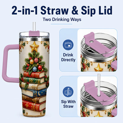 #pl[40oz|Pink] Christmas Book Tree 40oz Tumbler with Handle, Book Stainless Steel Tumbler
