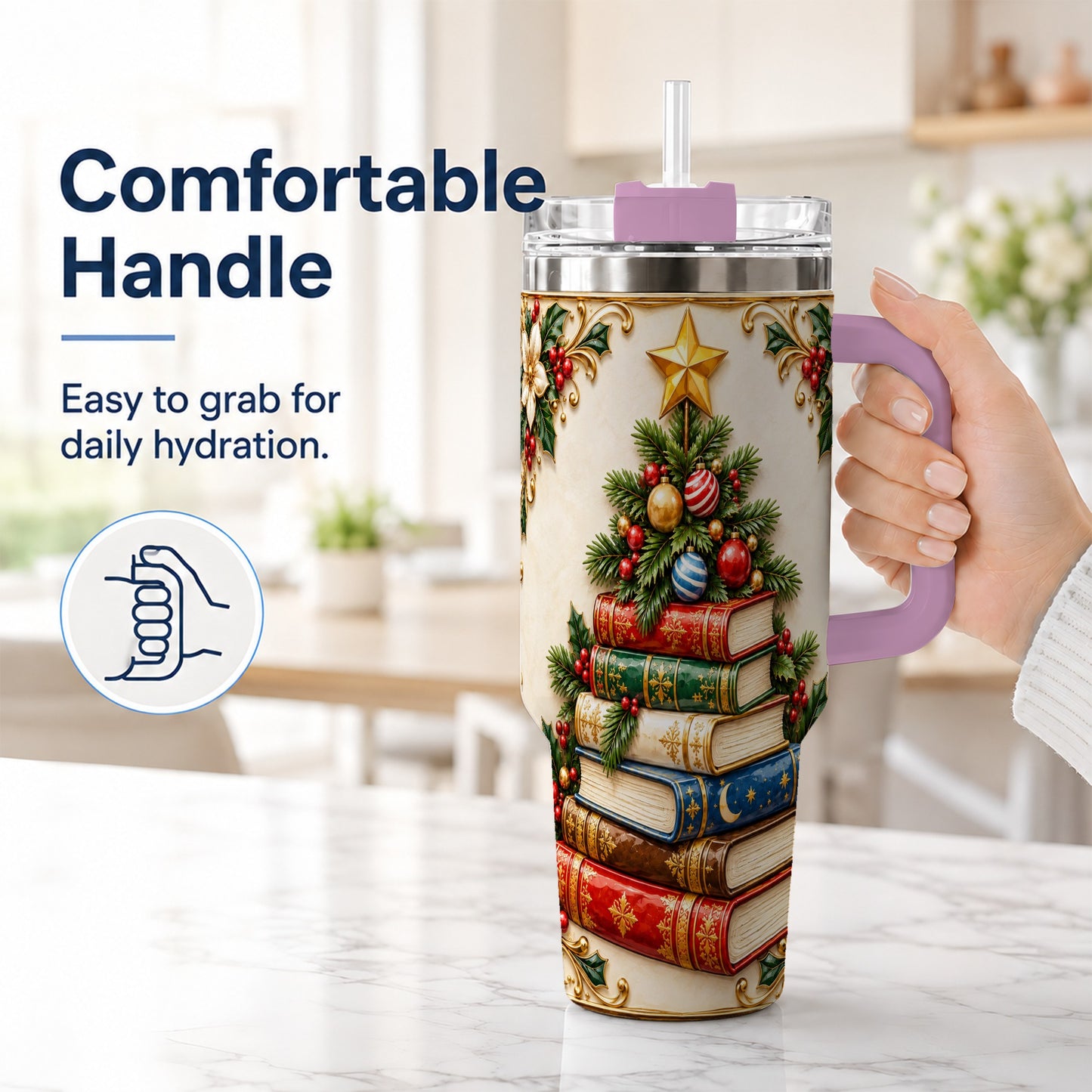 #pl[40oz|Pink] Christmas Book Tree 40oz Tumbler with Handle, Book Stainless Steel Tumbler