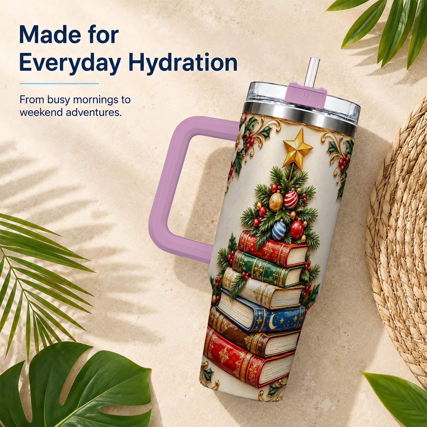 #pl[40oz|Pink] Christmas Book Tree 40oz Tumbler with Handle, Book Stainless Steel Tumbler