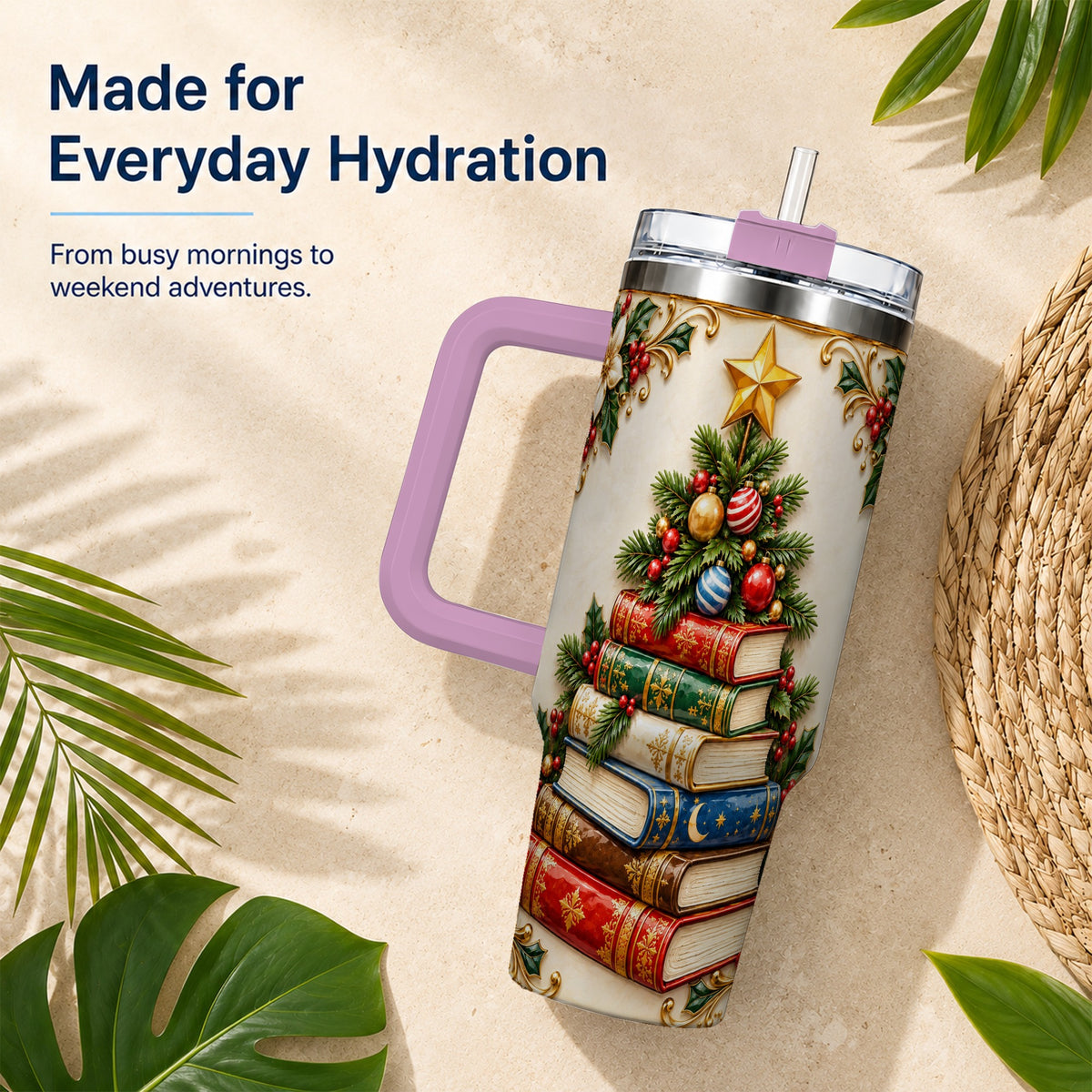 #pl[40oz|Pink] Christmas Book Tree 40oz Tumbler with Handle, Book Stainless Steel Tumbler