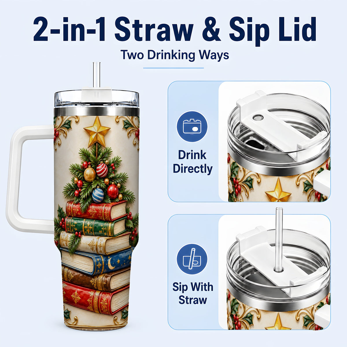 #pl[40oz|White] Christmas Book Tree 40oz Tumbler with Handle, Book Stainless Steel Tumbler