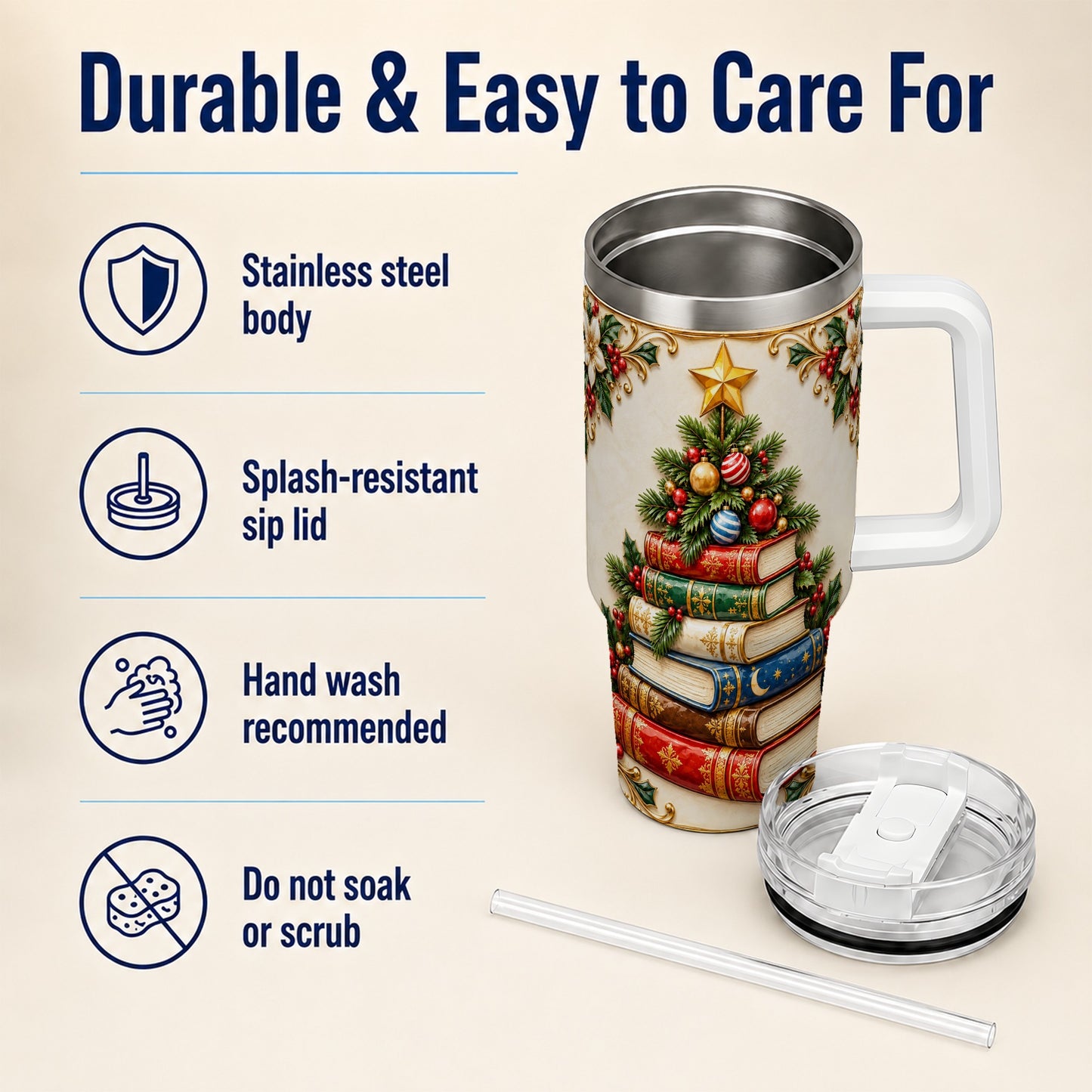 #pl[40oz|White] Christmas Book Tree 40oz Tumbler with Handle, Book Stainless Steel Tumbler