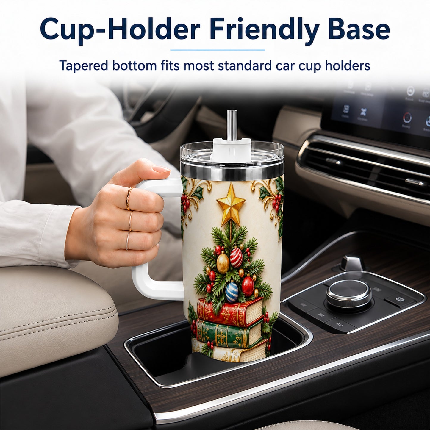 #pl[40oz|White] Christmas Book Tree 40oz Tumbler with Handle, Book Stainless Steel Tumbler