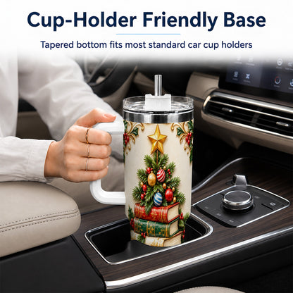 #pl[40oz|White] Christmas Book Tree 40oz Tumbler with Handle, Book Stainless Steel Tumbler