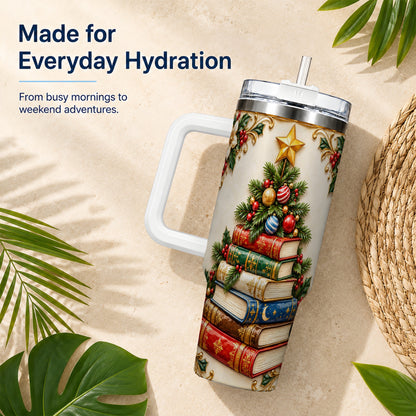 #pl[40oz|White] Christmas Book Tree 40oz Tumbler with Handle, Book Stainless Steel Tumbler