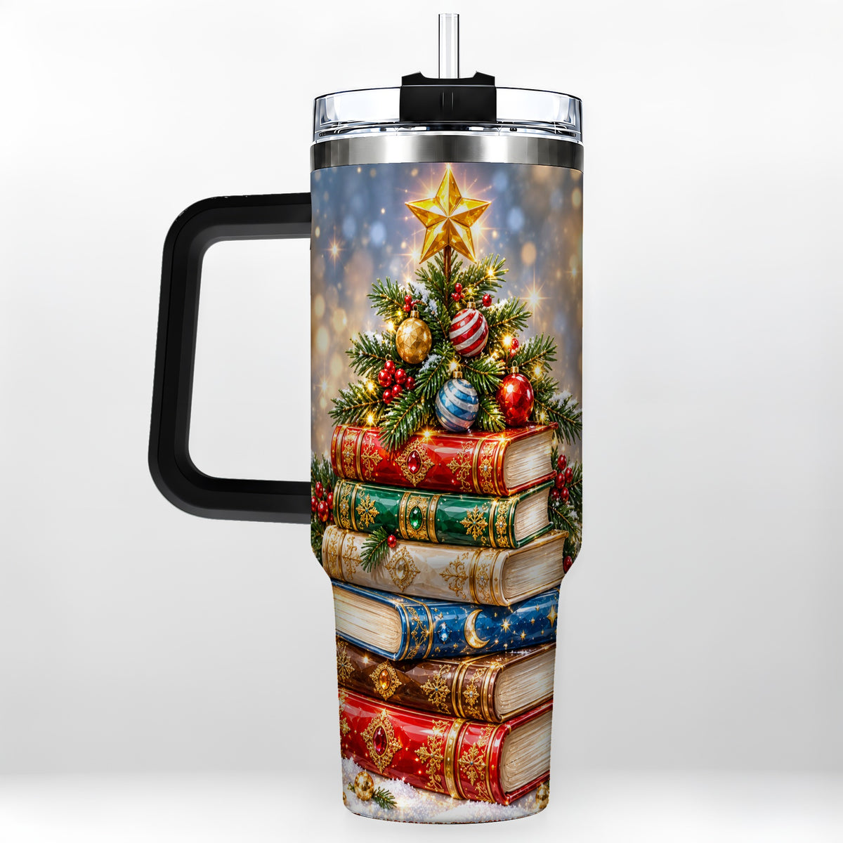#pl[40oz|Black] Jeweled Book Tree 40oz Tumbler with Handle, Holiday Stainless Steel Tumbler