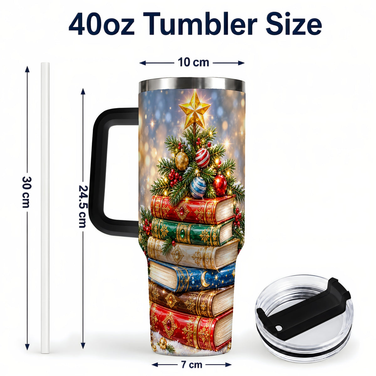 #pl[40oz|Black] Jeweled Book Tree 40oz Tumbler with Handle, Holiday Stainless Steel Tumbler
