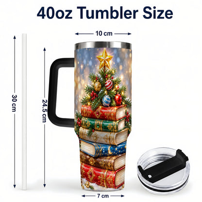 #pl[40oz|Black] Jeweled Book Tree 40oz Tumbler with Handle, Holiday Stainless Steel Tumbler