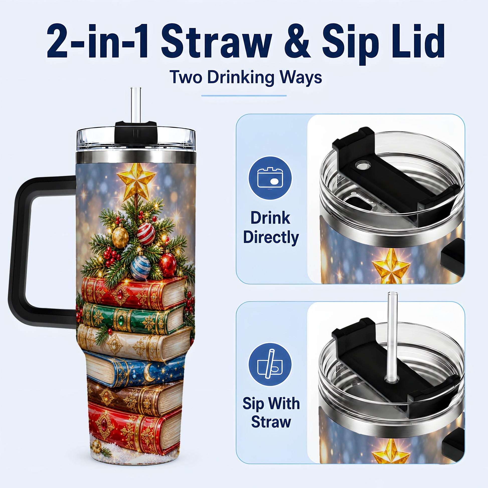 #pl[40oz|Black] Jeweled Book Tree 40oz Tumbler with Handle, Holiday Stainless Steel Tumbler