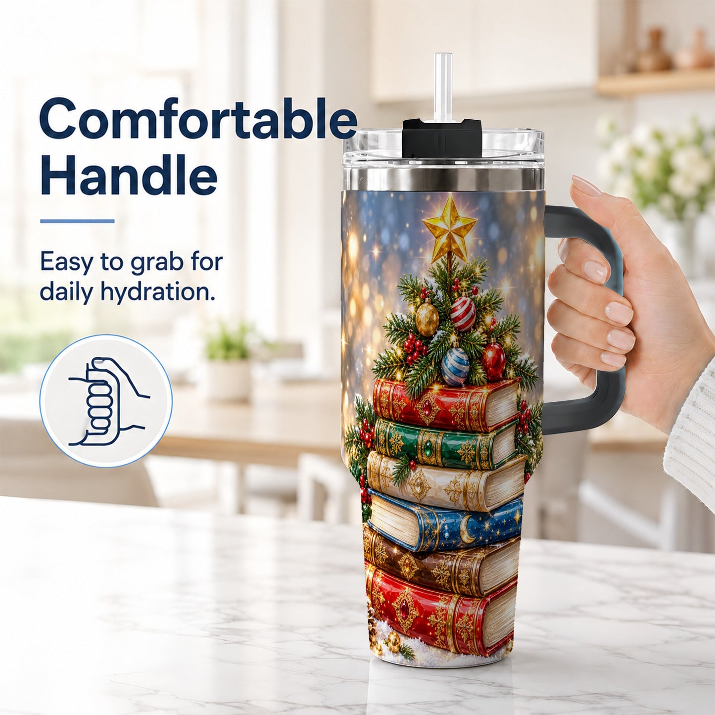 #pl[40oz|Black] Jeweled Book Tree 40oz Tumbler with Handle, Holiday Stainless Steel Tumbler