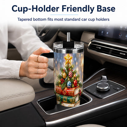 #pl[40oz|Black] Jeweled Book Tree 40oz Tumbler with Handle, Holiday Stainless Steel Tumbler