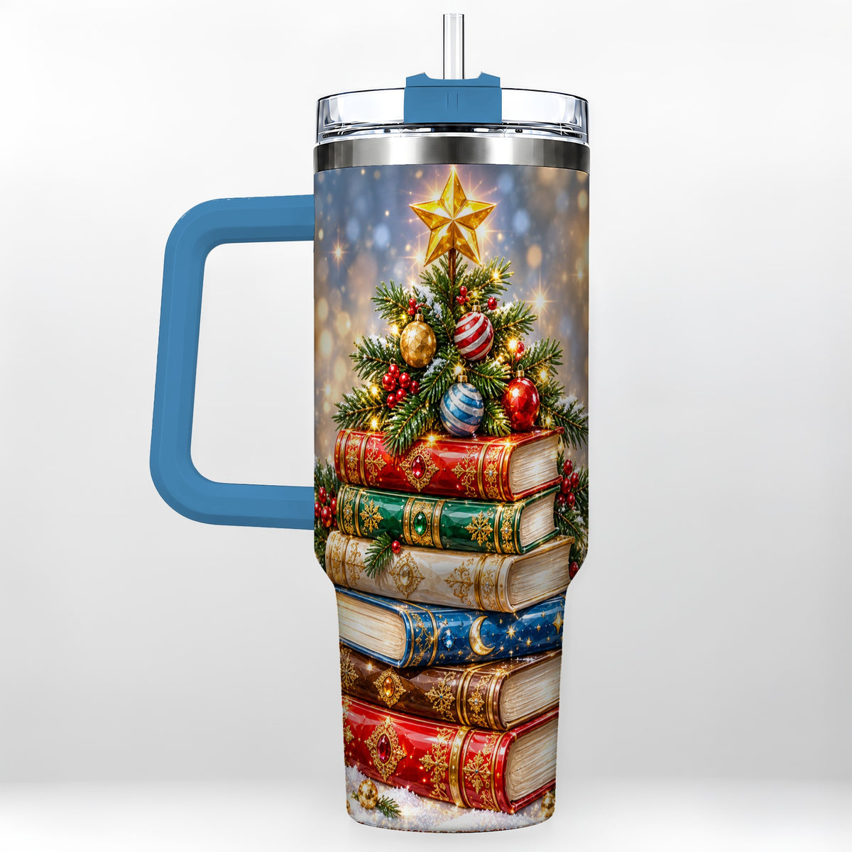 #pl[40oz|Blue] Jeweled Book Tree 40oz Tumbler with Handle, Holiday Stainless Steel Tumbler