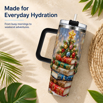 #pl[40oz|Black] Jeweled Book Tree 40oz Tumbler with Handle, Holiday Stainless Steel Tumbler