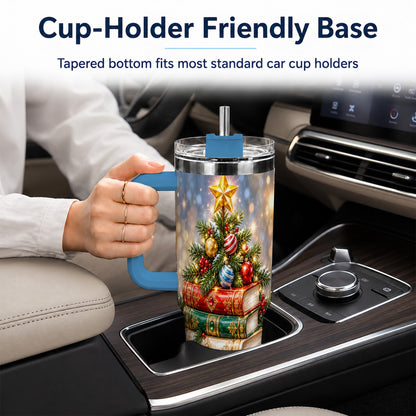 #pl[40oz|Blue] Jeweled Book Tree 40oz Tumbler with Handle, Holiday Stainless Steel Tumbler