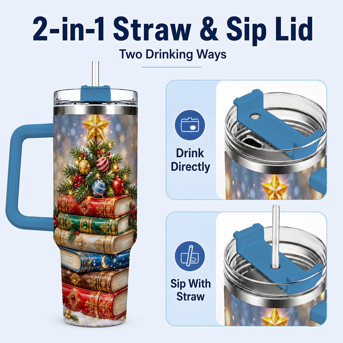 #pl[40oz|Blue] Jeweled Book Tree 40oz Tumbler with Handle, Holiday Stainless Steel Tumbler