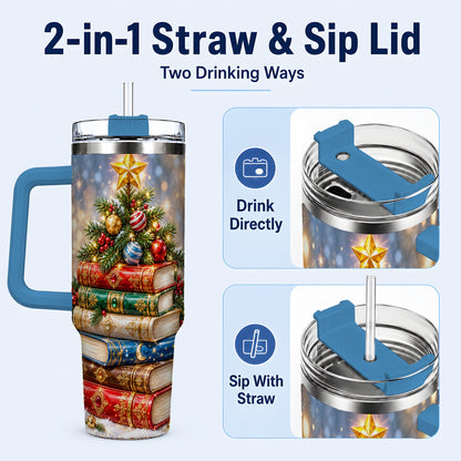 #pl[40oz|Blue] Jeweled Book Tree 40oz Tumbler with Handle, Holiday Stainless Steel Tumbler