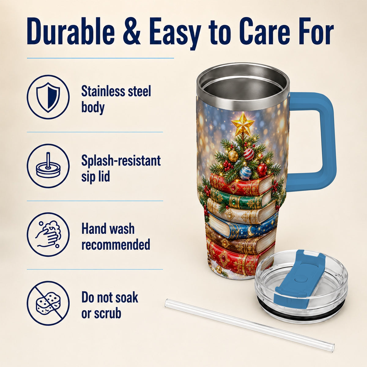 #pl[40oz|Blue] Jeweled Book Tree 40oz Tumbler with Handle, Holiday Stainless Steel Tumbler