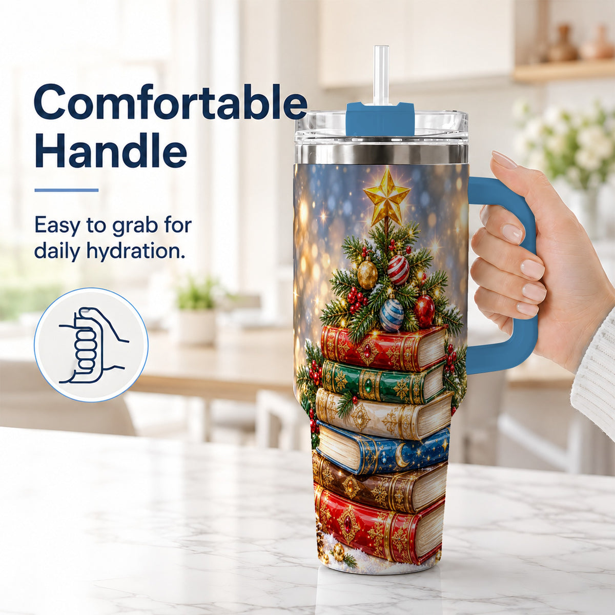 #pl[40oz|Blue] Jeweled Book Tree 40oz Tumbler with Handle, Holiday Stainless Steel Tumbler