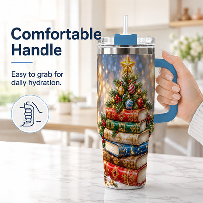 #pl[40oz|Blue] Jeweled Book Tree 40oz Tumbler with Handle, Holiday Stainless Steel Tumbler