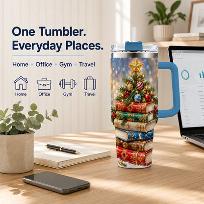 #pl[40oz|Blue] Jeweled Book Tree 40oz Tumbler with Handle, Holiday Stainless Steel Tumbler
