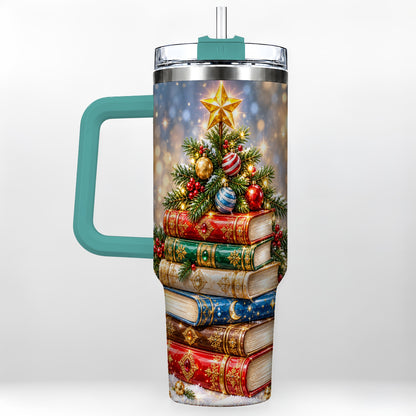 #pl[40oz|Green] Jeweled Book Tree 40oz Tumbler with Handle, Holiday Stainless Steel Tumbler