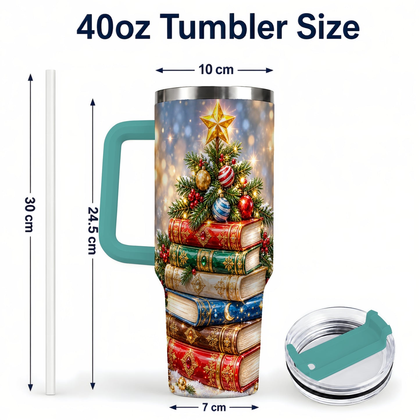 #pl[40oz|Green] Jeweled Book Tree 40oz Tumbler with Handle, Holiday Stainless Steel Tumbler