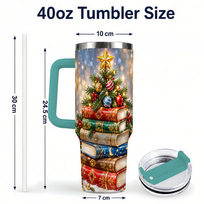 #pl[40oz|Green] Jeweled Book Tree 40oz Tumbler with Handle, Holiday Stainless Steel Tumbler