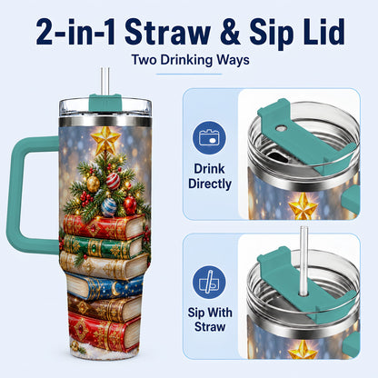 #pl[40oz|Green] Jeweled Book Tree 40oz Tumbler with Handle, Holiday Stainless Steel Tumbler