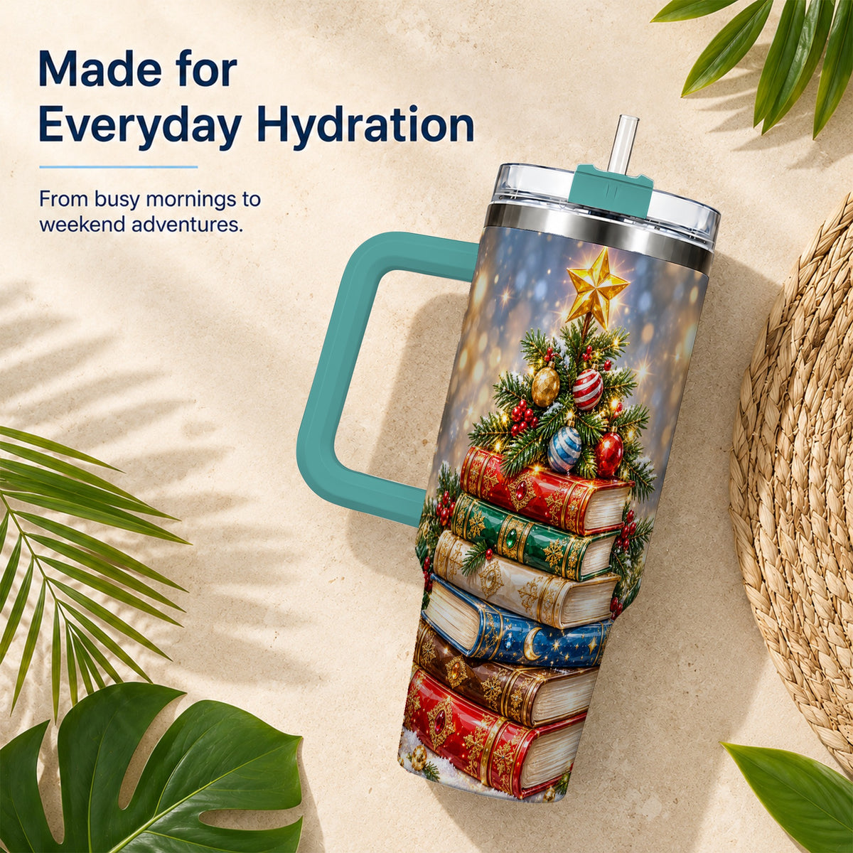 #pl[40oz|Green] Jeweled Book Tree 40oz Tumbler with Handle, Holiday Stainless Steel Tumbler