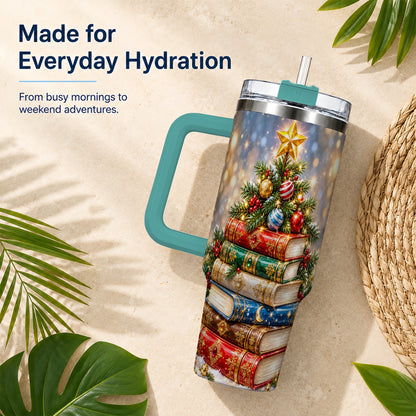 #pl[40oz|Green] Jeweled Book Tree 40oz Tumbler with Handle, Holiday Stainless Steel Tumbler