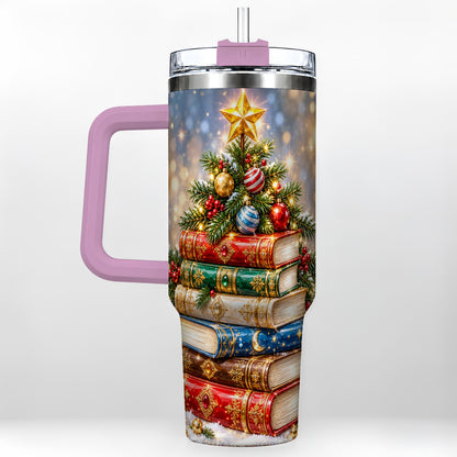#pl[40oz|Pink] Jeweled Book Tree 40oz Tumbler with Handle, Holiday Stainless Steel Tumbler