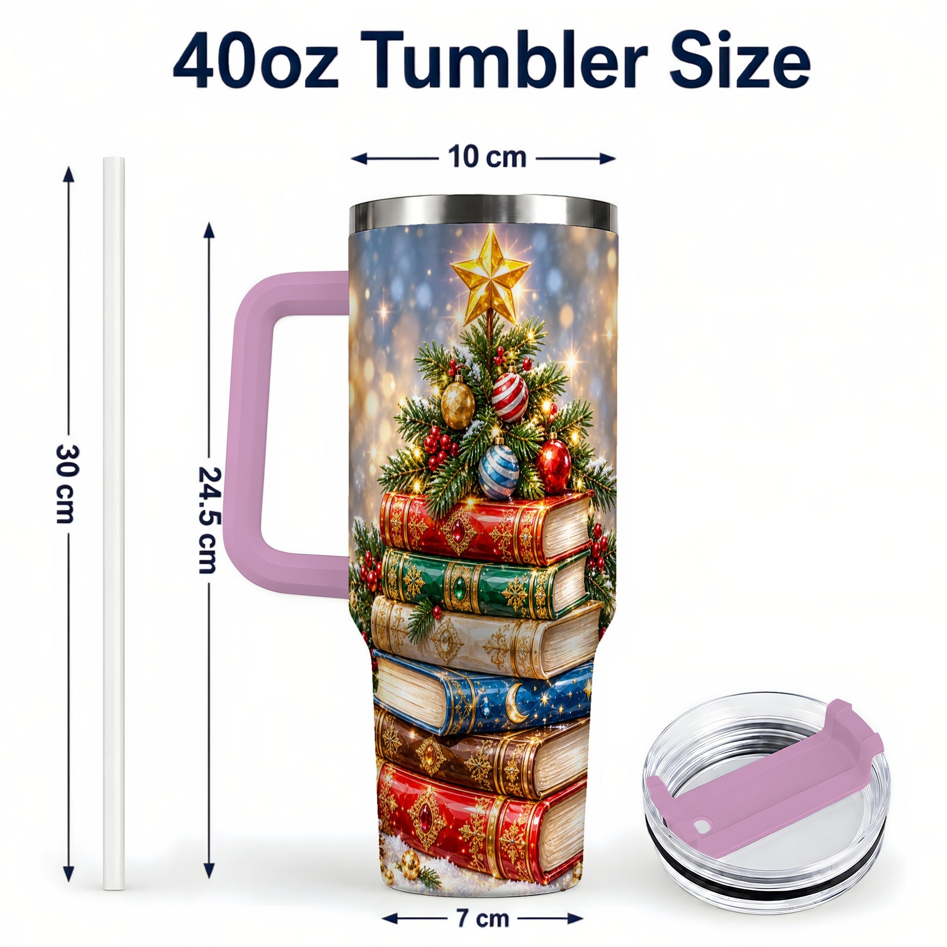 #pl[40oz|Pink] Jeweled Book Tree 40oz Tumbler with Handle, Holiday Stainless Steel Tumbler