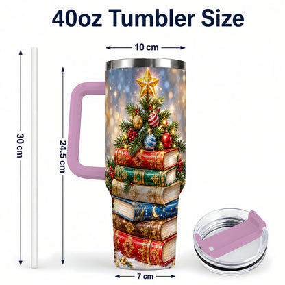 #pl[40oz|Pink] Jeweled Book Tree 40oz Tumbler with Handle, Holiday Stainless Steel Tumbler