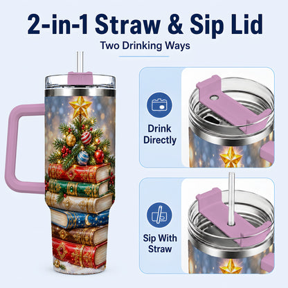 #pl[40oz|Pink] Jeweled Book Tree 40oz Tumbler with Handle, Holiday Stainless Steel Tumbler