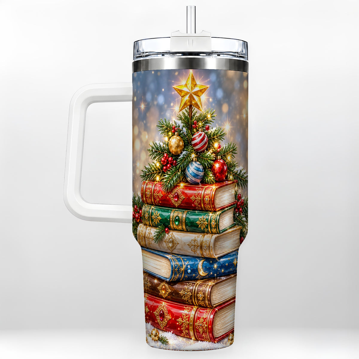 Jeweled Book Tree 40oz Tumbler with Handle, Holiday Stainless Steel Tumbler