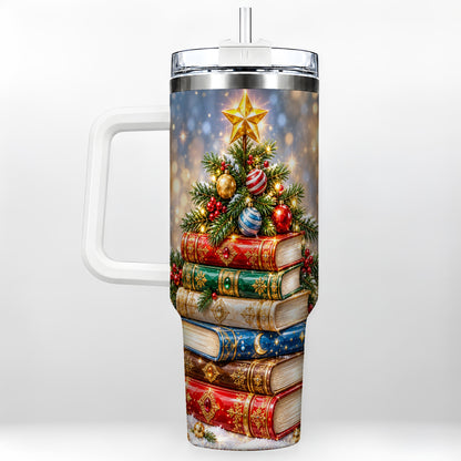 Jeweled Book Tree 40oz Tumbler with Handle, Holiday Stainless Steel Tumbler