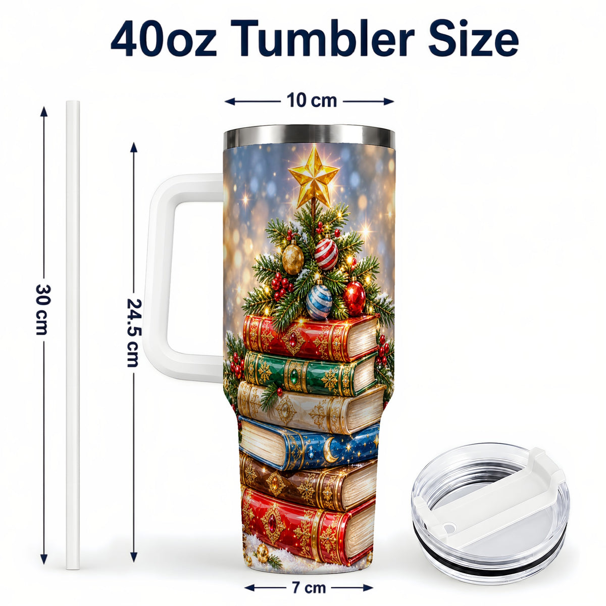 #pl[40oz|White] Jeweled Book Tree 40oz Tumbler with Handle, Holiday Stainless Steel Tumbler